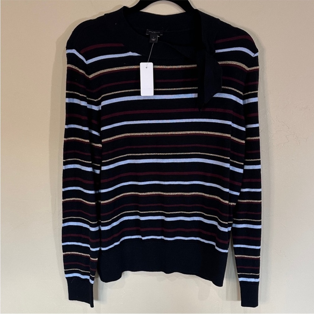 NWT Ann Taylor soft Black striped sweater Maroon Pale Blue & Gold Sz L